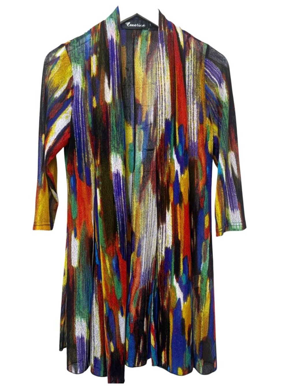 Abstract Mesh Cardigan Womens Small Sheer Stretch Open Front Artsy Colorful